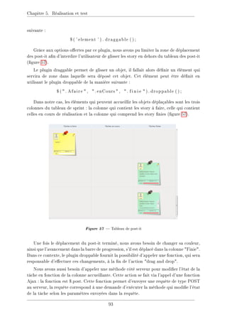 Chapitre 5. Réalisation et test
suivante :
$ ( ' element ' ) . draggable ( ) ;
Grâce aux options oertes par ce plugin, nous avons pu limiter la zone de déplacement
des post-it an d'interdire l'utilisateur de glisser les story en dehors du tableau des post-it
(gure 57).
Le plugin draggable permet de glisser un objet, il fallait alors dénir un élément qui
servira de zone dans laquelle sera déposé cet objet. Cet élément peut être dénit en
utilisant le plugin droppable de la manière suivante :
$ (. Afaire  , . enCours  , . f i n i e ). droppable ( ) ;
Dans notre cas, les éléments qui peuvent accueillir les objets déplaçables sont les trois
colonnes du tableau de sprint : la colonne qui contient les story à faire, celle qui contient
celles en cours de réalisation et la colonne qui comprend les story nies (gure 57).
Figure 57  Tableau de post-it
Une fois le déplacement du post-it terminé, nous avons besoin de changer sa couleur,
ainsi que l'avancement dans la barre de progression, s'il est déplacé dans la colonne Finie.
Dans ce contexte, le plugin droppable fournit la possibilité d'appeler une fonction, qui sera
responsable d'eectuer ces changements, à la n de l'action drag and drop.
Nous avons aussi besoin d'appeler une méthode côté serveur pour modier l'état de la
tâche en fonction de la colonne accueillante. Cette action se fait via l'appel d'une fonction
Ajax : la fonction est $.post. Cette fonction permet d'envoyer une requête de type POST
au serveur, la requête correspond à une demande d'exécuter la méthode qui modie l'état
de la tâche selon les paramètres envoyées dans la requête.
93
 