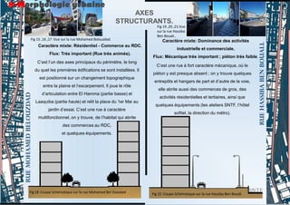 Caractère mixte: Résidentiel - Commerce au RDC.
Flux: Trés important (Rue trés animés).
C’est l’un des axes principaux du périmètre, le long
du quel les premières édifications se sont installées. Il
est positionné sur un changement topographique
entre la plaine et l’escarpement. Il joue le rôle
d’articulation entre El Hamma (partie basse) et
Laaquiba (partie haute) et relit la place du 1er Mai au
jardin d’essai. C’est une rue à caractère
multifonctionnel, on y trouve, de l’habitat qui abrite
des commerces au RDC,
et quelques équipements.
RUE
MOHAMED
BELOUZDAD
RUE
HASSIBA
BEN
BOUALI.
Caractère mixte: Dominance des activités
industrielle et commerciale.
Flux: Mécanique trés important ; piéton trés faible.
C’est une rue à fort caractère mécanique, où le
piéton y est presque absent ; on y trouve quelques
entrepôts et hangars de part et d’autre de la voie,
elle abrite aussi des commerces de gros, des
activités résidentielles et tertiaires, ainsi que
quelques équipements (les ateliers SNTF, l’hôtel
sofitel, la direction du métro).
AXES
STRUCTURANTS.
8-Morphologie urbaine
Fig 18 :Coupe Schématique sur la rue Mohamed Bel Ouezdad Fig 22 :Coupe Schématique sur la rue Hassiba Ben Bouali
Fig 15 ,16 ,17 :Vue sur la rue Mohamed Belouzdad.
Fig 19 ,20 ,21:Vue
sur la rue Hassiba
Ben Bouali..
21
20
 