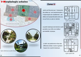 jardin est Structuré par I ’intersection
des aIlées qui sont perpendiculaire à
l’origine lignes de ruissèlement , ces
aIlées sont perpendiculaire entre eux
ce qui forme un plan en damier.
ce jardin botanique est devisé en petit
parcelle ce qui offre une meilleur
perméabilité physique.
Le bâti est positionné en face des
différents entrées toute en gardant
l’aspect de ce jardin botanique .
Zone 1
Fig 32 :Carte montre les zones .
Fig 33 ,34,35:vue sur jardin d’essai
Fig 36: système viaire
Fig 37: système parcellaire
Fig 38: système bâti
7-Morphologie urbaine
27
26
 