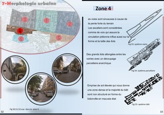 es voies sont sinueuses à cause de
la pente forte du terrain
Les escaliers sont considérées
comme de voix qui assure la
circulation piétonne influe aussi sur la
forme et la taille des ilots
Des grands ilots allongées entre les
voiries avec un découpage
parcellaire anarchique
Emprise de sol élevée qui nous donne
une zone dense et la majorité du bâti
sont non structuré en forme du
bidonville en mauvais état
7-Morphologie urbaine
Zone 4
Fig 50,51,52:vue dans la zone 4
Fig 53: système viaire
Fig 54: système parcellaire
Fig 55: système bâti
33
32
 