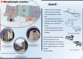 -Présence de divers espaces
(places ,parcours, passages
couverts) générateurs de bien
être
-Ces espaces permet aussi de
pratiquer des activités différentes
(échange , jeux , rencontre et
repos )
-L'hiérarchie des places renforce
la notion d'appartenance chez les
habitants.
-Des immeubles de différent hauteur
en forme des barres ou des
monoblocs séparé par des espaces
public -L'implantation de ces volumes
suis un logique basée sur un module
de base
( pierre de taille )
7-Morphologie urbaine
Zone 6
Fig 62,63,64:vue dans la zone 6
Fig 65: système viaire
Fig 66: système parcellaire
Fig 67: système bâti
37
36
 