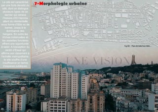 Le site est caractérisé
par une forte densité du
bâti, dont on distingue
plusieurs types de ce
dernier qui retrace
l’histoire d’El Hamma
allant du résidentielle
sous forme d’ilôts ou de
barres. Jusqu’à la
dominance des
hangars. En outre les
frîches indistruelles et
les assiettes foncières
offrent une opportunité
à saisir. A l’exception du
Jardin d’Essai qui
affirme son classment à
l’echelle metropolitaine.
le site souffre d’une
insuffisance en terme
d’espaces publiques.
Fig 68: : Plan de bâti/non Bâti.
Fig 69: : Vue Aérienne sur le quartier d’El Hamma.
Source: Nassim Boumaiza.
7-Morphologie urbaine
39
38
 