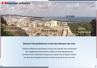 Présence d'éléments perturbateurs comme, par exemple, des constructions
Non intégrées par leurs formes, couleurs ou l'état dégradé de bâti.
Le chemin de fer, l'autoroute marquent une rupture avec la façade maritime.
Les deux tours réagissent comme un écran qui gâche la vue sur la mer.
Elément naturels/Elément construits/utilisation des sols
Zone à urbaniser
9-Payasage urbaine
47
46
 