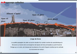 La qualité paysagère de cette vue est le résultat d'un certain nombre de caractéristique la
Structure au travers de la convergence des lignes de force principales au point focal de
l'image qui, en outre, est marqué par la présence d'un point d'appel constitué par la verticale
du monument de martyrs .
Linge de force
9-Payasage urbaine
49
48
 