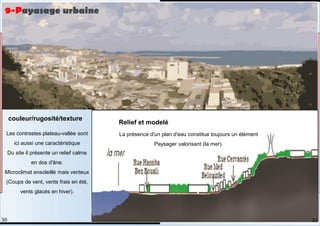Relief et modelé
Les contrastes plateau-vallée sont
ici aussi une caractéristique
Du site il présente un relief calme
en dos d'âne.
Microclimat ensoleillé mais venteux
(Coups de vent, vents frais en été,
vents glacés en hiver).
couleur/rugosité/texture
La présence d'un plan d'eau constitue toujours un élément
Paysager valorisant (la mer).
9-Payasage urbaine
51
50
 