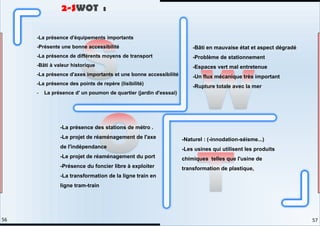 -La présence d'équipements importants
-Présente une bonne accessibilité
-La présence de différents moyens de transport
-Bâti à valeur historique
-La présence d'axes importants et une bonne accessibilité
-La présence des points de repère (lisibilité)
- La présence d' un poumon de quartier (jardin d'esssai)
-Bâti en mauvaise état et aspect dégradé
-Problème de stationnement
-Espaces vert mal entretenue
-Un flux mécanique très important
-Rupture totale avec la mer
-La présence des stations de métro .
-Le projet de réaménagement de l'axe
de l'indépendance
-Le projet de réaménagement du port
-Présence du foncier libre à exploiter
-La transformation de la ligne train en
ligne tram-train
-Naturel : (-innodation-séisme...)
-Les usines qui utilisent les produits
chimiques telles que l'usine de
transformation de plastique,
2-SWOT :
57
56
 