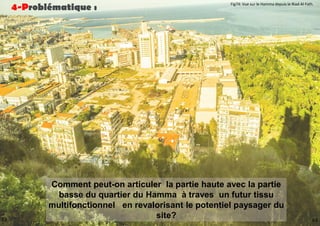 Comment peut-on articuler la partie haute avec la partie
basse du quartier du Hamma à traves un futur tissu
multifonctionnel en revalorisant le potentiel paysager du
site?
4-Problématique :
63
62
Fig74: Vue sur le Hamma depuis le Riad Al-Fath.
 