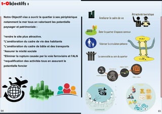 Notre Objectif vise a ouvrir le quartier à ses périphérique
notamment la mer tous en valorisant les potentielle
paysager et patrimoniale :
*rendre le site plus attractive.
*L'amélioration du cadre de vie des habitants
*L'amélioration du cadre de bâtie et des transports
*Assurer le mixité sociale
*Eliminer la rupture causée par la voie ferroviaire et l’ALN
*requalification des activités tous en assurant le
potentielle foncier
1-Objectifs :
65
64
 