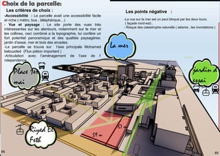 -La vue sur la mer est un peut bloqué par les deux tours.
( façade nord-est) .
- Risque des catastrophe naturelle ( séisme , les inondations )
Choix de la parcelle:
Les critères de choix : Les points négative :
-Accessibilité : Le parcelle avait une accessibilité facile
et riche ( métro, bus , téléphérique…)
- Vue et paysage : Le site porte des vues très
intéressantes sur les alentours, notamment sur le mer et
les collines, ceci combiné a la topographie, lui confère un
fort potentiel panoramique et des qualités paysagères:
jardin d’essai, mer et bois des arcades.
-Le parcelle se trouve sur l’axe principale Mohamed
belouzded (Flux piéton important )
-Articulation avec l’aménagement de l’axe de l’
ndependence .
89
88
 