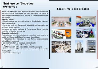 l’étude des exemples nous a permis de mieux nous situer dans
une structure de références qui nous permettra de mener a
bien la relation et l’idéation au sein de la conceptualisation de
notre projet.
-Aspect urbain :
- Situation dans une zone attractive et l’implantation dans un
endroit stratégique.
- Le projet doit être facilement accessible qui permettra de
renforcer le coté culturel.
-comment un projet participe à l’émergence d’une nouvelle
centralité à l’échelle communale
-Aspect architectural :
L’utilisation de nouvelle technique et matériaux pour assurer la
qualité architecturale Et la performance énergétique .
- l’Utilisation des matériaux et des formes architecturales
suivant l’environnement
- La matérialisation du parcours architecturale
-Organisation spatiale et fonctionnelle :
- La différenciation entre les espaces selon les usagers.
- Liaison entre les différents espaces par de lieux de rencontre
et circulation.
- Modernité des techniques.
Synthèse de l’étude des
exemples :
Les exemple des espaces
105
104
 