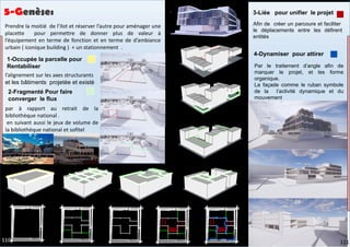 4-Dynamiser pour attirer
1-Occupée la parcelle pour
Rentabiliser
2-Fragmenté Pour faire
converger le flux
3-Liée pour unifier le projet
5-Genèse:
l’alignement sur les axes structurants
et les bâtiments projetée et existé
Par le traitement d’angle afin de
marquer le projet, et les forme
organique.
La façade comme le ruban symbole
de la l’activité dynamique et du
mouvement
Prendre la moitié de l’ilot et réserver l’autre pour aménager une
placette pour permettre de donner plus de valeur à
l’équipement en terme de fonction et en terme de d’ambiance
urbain ( iconique building ) + un stationnement .
par à rapport au retrait de la
bibliothèque national .
en suivant aussi le jeux de volume de
la bibliothèque national et sofitel
Afin de créer un parcoure et faciliter
le déplacements entre les défirent
entités
111
110
 