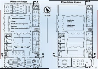 Plan 1er étage
1/200
4
1
2
3
5
1 Biblio-tech-interior
2 foyer
3 salle des enseignants
4 atelier
5 bureaux administratifs
1
2
1 salle du
lecture
2 Salle des
réunions
Plan 2ème étage
A
A
B
B
A
A
B
B
131
130
 