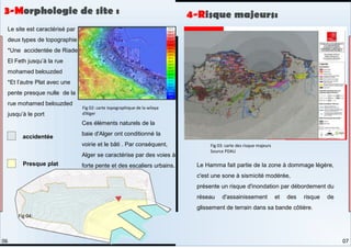 Le site est caractérisé par
deux types de topographie :
*Une accidentée de Riade
El Feth jusqu’à la rue
mohamed belouzded
*Et l’autre Plat avec une
pente presque nulle de la
rue mohamed belouzded
jusqu’à le port
Ces éléments naturels de la
baie d'Alger ont conditionné la
voirie et le bâti . Par conséquent,
Alger se caractérise par des voies à
forte pente et des escaliers urbains.
accidentée
Presque plat Le Hamma fait partie de la zone à dommage légère,
c'est une sone à sismicité modérée,
présente un risque d'inondation par débordement du
réseau d'assainissement et des risque de
glissement de terrain dans sa bande côtière.
3-Morphologie de site :
Fig 02: carte topographique de la wilaya
d’Alger
Fig 03: carte des risque majeurs
Source PDAU
Fig 04:
4-Risque majeurs:
07
06
 