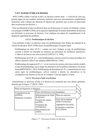 20
1.4.5. Système d’aide à la décision
ROY [1990] a défini l’activité d’aide à la décision comme étant : « l’activité de celui qui,
prenant appui sur des modèles clairement explicités mais non nécessairement complètement
formalisés, aide à obtenir des éléments de réponse aux questions que se pose un intervenant
dans un processus de décision. »
Pour une démarche d’aide à la décision dans un tel processus, le succès est tributaire, comme
l’a remarqué LANDRY [1998], de la capacité d’appréhender la totalité du problème de décision
qui déclenche ce processus de décision. Ceci implique une phase de compréhension et de
diagnostic approfondi du problème.
1.4.5.1. Problématiques de décision
Tout problème d’aide à la décision traite une problématique bien définie qui dépend de la
volonté du décideur. ROY [1990] classe ces problématiques en quatre types :
- Problématique de choix (P. ) : comme son nom l’indique ce type de problématique
consiste à choisir un ensemble de solutions qui présentent les meilleures alternatives.
L’idéal est de trouver une seule action [E COSTA C A. 1996].
- Problématique de tri (P.  ) : cette problématique consiste à trier les actions possibles et à
affecter chacune d’elles à une catégorie [MOUSSEAU, 1993].
- Problématique de rangement (P.  ) : si on veut trier les actions selon leurs intérêts relatifs,
ce type de problématique sert à ranger les alternatives de la meilleure alternative à la moins
bonne [MOUSSEAU, 1993]. Problématique de description (P. ) : contrairement aux trois
autres types de problématiques, celle-ci consiste à décrire les alternatives et les
conséquences de chacune au lieu de les comparer l’une par rapport à l’autre.
1.4.5.2. Processus d’aide à la décision
Généralement, le processus d’aide à la décision est caractérisé par trois phases générales,
illustrées par la Figure 1.7 [ROY, 1985] :
Figure 1.7 : Processus d’aide à la décision
Phase de diagnostic et d'analyse
Compréhension du
problème.
Diagnostic et analyse
Phase d'intellection et de formulation
Détermination de l'objet
de décision.
Fixation des actions
possibles.
Evaluation des
conséquences.
Détermination des
critères.
Phase de sélection
Choix de la méthode
d'aide à la décision.
Aggrégation des poids.
Evaluation et sélection
de la solution
 