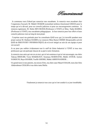 VI
Remerciements
Je commence tout d’abord par remercier mes encadrants. Je remercie mon encadrant chez
l’organisme d’accueil, M. Mahdi CHAKER (consultant technico-fonctionnel GMAO) pour le
temps qui m’a dévoué, pour ses conseils judicieux et pour ses encouragements continues. Je
remercie également, M. Helmi BEN REJEB (Professeur à l’ENIT) et Mme. Nadia BAHRIA
(Professeur à l’ENIT), mes encadrants pédagogiques. Je leur remercie pour leur effort et leurs
conseils judicieux tout au long de mon projet.
J’exprime aussi ma gratitude pour les consultants QAD avec qui j’ai travaillé pendant mon
projet surtout M. Haithem HAMDI et je remercie Mme Rania CHERIF (Responsable activité
QAD de DISCOVERY INFORMATIQUE) de m’avoir intégré au sein de son équipe et pour
son accueil.
Je ne peux pas oublier évidemment tout le staff de Génie Industriel à l’ENIT et tous mes
professeurs qui ont participé chacun de sa part à notre formation.
Je remercie mes amis qui ont cru en moi, qui m’ont soutenue et qui m’ont encouragée, ma chère
Takoua DHOUIBI, Yosra MAKHLOUF, Soumaya MAROUENE, Malèk AYOUB, Aymen
SAMOUNI, Baya GHARBI, Toufik GHERRI, Mahdi ABDENNADHER…
Un grand merci à mes parents, ma raison d’être, ma chère sœur Manel CHALBI, mon cher frère
Abderrahmen CHALBI et ma chère tante Dalila.
Finalement je remercie tous ceux qui m’ont conduit à ce jour inoubliable.
 