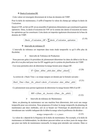 59
 Durée d’exécution DE
Cette valeur est renseignée directement de la base de données de l’ERP.
Pour la tâche de maintenance, il suffit d’importer la valeur du champ qui indique la durée de
l’exécution.
Quant à l’OF, en fait un OF est un ensemble d’opérations élémentaires qui constituent la gamme
opératoire. Donc, la durée d’exécution de l’OF est la somme des durées d’exécution de toutes
les opérations qui les constituent. Cette durée est importée également directement de la base de
données de l’ERP.
(3.19)
 Intervalle de tolérance IT
L’intervalle de tolérance est important dans toute étude temporelle vu qu’il offre plus de
flexibilité.
 Intervalle de Tolérance de Production
Nous pouvons grâce à la procédure de jalonnement déterminer les dates de début et de fin au
plus tôt et au plus tard pour tous les OF suggérés par le système de planification de l’ERP.
Ceci nous permettra alors de déterminer la marge horaire pour chaque OF.
(3.20)
La notion de « Slack Time » ou temps tampon est donnée par la formule suivante :
(3.21)
Ce jalonnement nous permet également de déterminer la marge horaire MH d’un OF :
(3.22)
 Intervalle de tolérance de Maintenance
Idem, un planning de maintenance sur une machine bien déterminée, doit avoir une marge
temporelle pour son exécution. Nous proposons d’évaluer la marge temporelle du planning de
maintenance par deux méthodes, soit en se basant sur l’historique de planification soit en
introduisant une variable indiquant dès le début la marge selon la préférence du décideur :
(3.23)
La valeur de x dépend de la fréquence de la tâche de maintenance. Par exemple, si la tâche de
maintenance est hebdomadaire, les décideurs peuvent tolérer un ou deux jours de marge alors
que pour une tâche de maintenance mensuelle, la marge peut atteindre une semaine. Dans ce
_ ' _ _ ' _Durée d exécution OF durée d exécution opération 
 _ _ , _ _IT date début pltôt date début pltard
( _ _ ) ( _ _ )MH Date de besoin Date fin pltôt 
_ _ _ _ ' _ _Slack Time Date fin pltard durée d exécution date début pltôt  
argm e temporelle x jours 
 