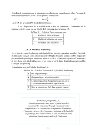 61
L’indice de comparaison de la maintenance/production est proposé pour évaluer l’urgence de
la tâche de maintenance. Nous l’avons proposé comme suit :
(3.2)
Avec : N est le niveau (N∈ [1,3]) de maintenance.
I est l’importance de la machine dans le flux de production. L’importance de la
machine peut être jugée sur une échelle de 3 présentée dans le tableau 3.5 :
Tableau 3.5 : Echelle d’Importance machine
3.5.1.4. Flexibilité du planning
Le critère du respect de planning ou la flexibilité du planning, permet de modéliser l’aptitude
du décideur à changer. Dans certains cas et c’est le plus fréquent, les responsables ne peuvent
pas perturber le planning de production même si le calcul et les données prouvent l’importance
de ceci. Donc juste dès le début, nous avons voulu savoir le degré d’aptitude des responsables
à changer leur planning.
L’évaluation sera sur l’échelle du tableau 3.6 :
Tableau 3.6 : Echelle d’évaluation de la flexibilité du planning
1 Oui on peut changer.
4 On peut changer selon les données.
7 Le planning peut se changer dans des cas, s’il y
a vraiment des données très significatives.
9 Non, le planning est figé, il ne peut être changé.
1 Machine à faible utilisation
2 Machine à utilisation moyenne
3 Machine à forte utilisation
N
I
 
Synthèse du paragraphe 3.1.3
Dans ce paragraphe, nous avons expliqué nos choix
concernant les critères sur lesquels va se baser notre
comparaison. Ces critères sont : l’importance économique,
l’importance temporelle, l’importance technique et la flexibilité
du planning. Pour chaque critère et sous critère nous avons
défini une formule pour le calcul de l’indicateur.
 