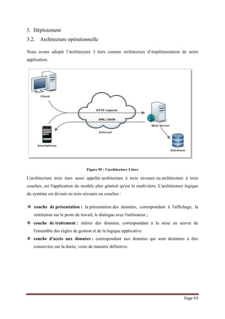 Page 93
3. Déploiement
3.2. Architecture opérationnelle
Nous avons adopté l’architecture 3 tiers comme architecture d’implémentation de notre
application.
Figure 95 : l’architecture 3 tiers
L'architecture trois tiers aussi appelée architecture à trois niveaux ou architecture à trois
couches, est l'application du modèle plus général qu'est le multi-tiers. L'architecture logique
du système est divisée en trois niveaux ou couches :
 couche de présentation : la présentation des données, correspondant à l'affichage, la
restitution sur le poste de travail, le dialogue avec l'utilisateur ;
 couche de traitement : métier des données, correspondant à la mise en œuvre de
l'ensemble des règles de gestion et de la logique applicative
 couche d'accès aux données : correspondant aux données qui sont destinées à être
conservées sur la durée, voire de manière définitive.
 