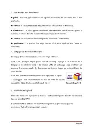 Page 13
3. Les besoins non fonctionnels
Rapidité : Nos deux applications doivent répondre aux besoins des utilisateurs dans le plus
court délai.
Fiabilité : Bon fonctionnement des deux applications sans détection de défaillance.
L’extensibilité : Les deux applications devront être extensibles, c'est-à dire qu'il pourra y
avoir une possibilité d'ajouter ou de modifier de nouvelles fonctionnalités.
La sécurité : les informations ne devront pas être accessibles à tout le monde.
La performance : le système doit réagir dans un délai précis, quel que soit l'action de
l'utilisateur.
4. Langage de modélisation adopté
Le langage de modélisation adopté pour notre projet est l’UML
UML, c’est l’acronyme anglais pour « Unified Modeling Language ». On le traduit par «
Langage de modélisation unifié ». La notation UML est un langage visuel constitué d’un
ensemble de schémas, appelés des diagrammes, qui donnent chacun une vision différente du
projet à traiter.
UML nous fournit donc des diagrammes pour représenter le logiciel
à développer : son fonctionnement, sa mise en route, les actions
susceptibles d’être effectuées par le logiciel, etc. [2] Figure 3: Logo UML
5. Architecture logiciel
Dans cette partie nous expliquons le choix de l’architecture logicielle du notre travail qui se
base sur le modèle MVC.
L’architecture MVC est l’une des architectures logicielles les plus utilisées pour les
applications Web, elle se compose de 3 modules :
 