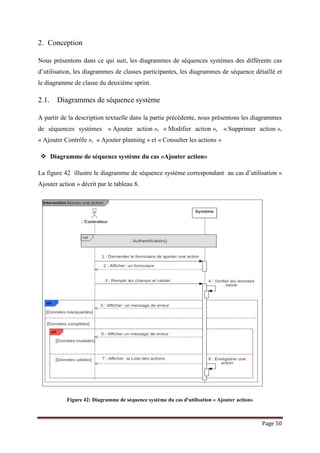 Page 50
2. Conception
Nous présentons dans ce qui suit, les diagrammes de séquences systèmes des différents cas
d’utilisation, les diagrammes de classes participantes, les diagrammes de séquence détaillé et
le diagramme de classe du deuxième sprint.
2.1. Diagrammes de séquence système
A partir de la description textuelle dans la partie précédente, nous présentons les diagrammes
de séquences systèmes « Ajouter action », « Modifier action », « Supprimer action »,
« Ajouter Contrôle », « Ajouter planning » et « Consulter les actions »
 Diagramme de séquence système du cas «Ajouter action»
La figure 42 illustre le diagramme de séquence système correspondant au cas d’utilisation «
Ajouter action » décrit par le tableau 8.
Figure 42: Diagramme de séquence système du cas d'utilisation « Ajouter action»
 