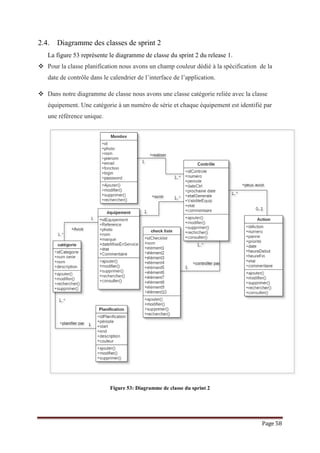 Page 58
2.4. Diagramme des classes de sprint 2
La figure 53 représente le diagramme de classe du sprint 2 du release 1.
 Pour la classe planification nous avons un champ couleur dédié à la spécification de la
date de contrôle dans le calendrier de l’interface de l’application.
 Dans notre diagramme de classe nous avons une classe catégorie reliée avec la classe
équipement. Une catégorie à un numéro de série et chaque équipement est identifié par
une référence unique.
Figure 53: Diagramme de classe du sprint 2
 