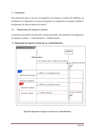 Page 82
2. Conception
Nous présentons dans ce qui suit, les diagrammes de séquences systèmes des différents cas
d’utilisation, les diagrammes de classes participantes, les diagrammes de séquence détaillé et
le diagramme de classe du sprint2 du release 2.
2.1. Diagrammes de séquence système
A partir de la description textuelle dans la partie précédente, nous présentons les diagrammes
de séquences systèmes « Authentification», « Modifier profil ».
 Diagramme de séquence système du cas «Authentification»
Figure 85: diagramme de séquence système du cas «Authentification»
 