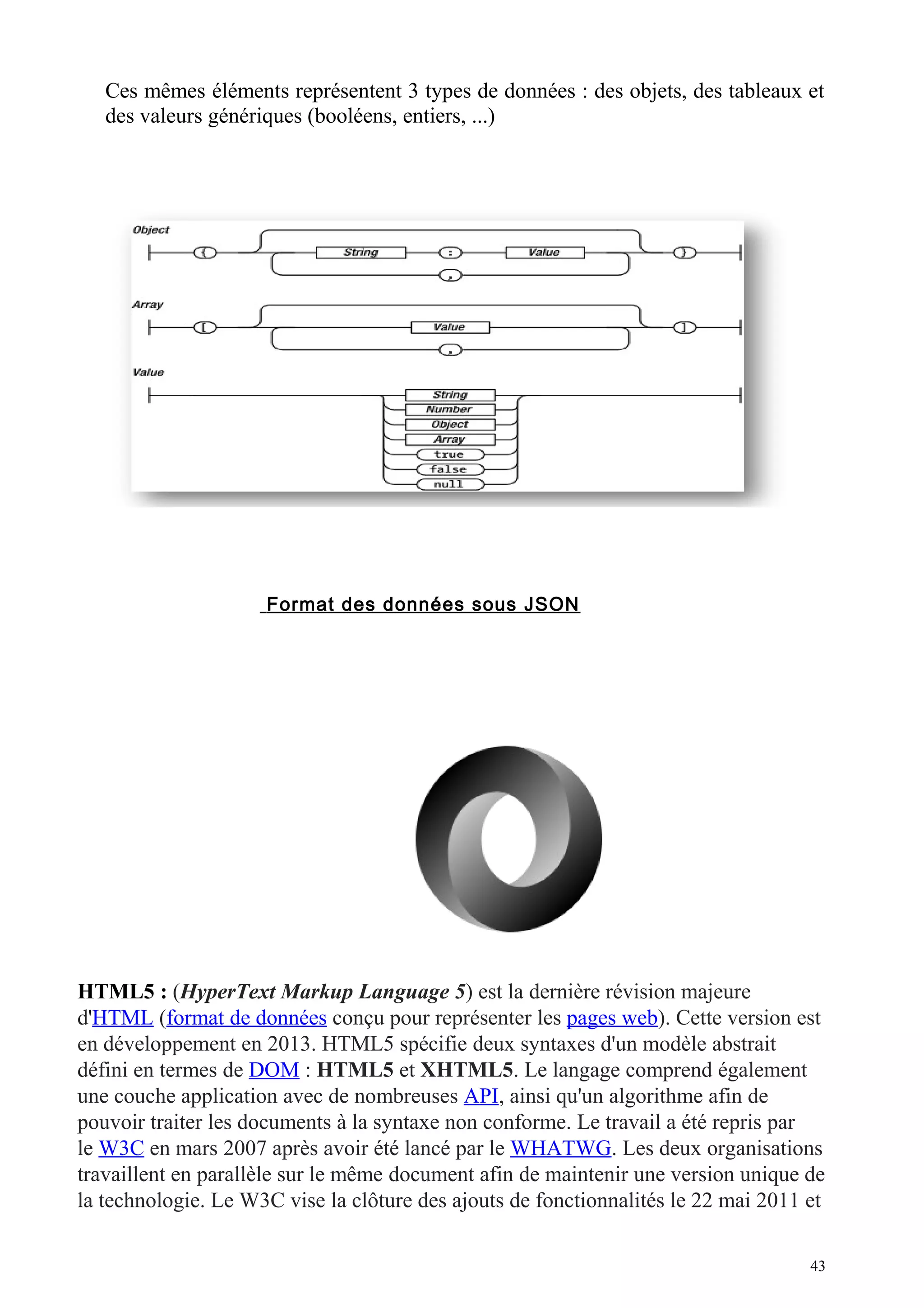 Ces mêmes éléments représentent 3 types de données : des objets, des tableaux et
des valeurs génériques (booléens, entiers, ...)
Format des données sous JSON
HTML5 : (HyperText Markup Language 5) est la dernière révision majeure
d'HTML (format de données conçu pour représenter les pages web). Cette version est
en développement en 2013. HTML5 spécifie deux syntaxes d'un modèle abstrait
défini en termes de DOM : HTML5 et XHTML5. Le langage comprend également
une couche application avec de nombreuses API, ainsi qu'un algorithme afin de
pouvoir traiter les documents à la syntaxe non conforme. Le travail a été repris par
le W3C en mars 2007 après avoir été lancé par le WHATWG. Les deux organisations
travaillent en parallèle sur le même document afin de maintenir une version unique de
la technologie. Le W3C vise la clôture des ajouts de fonctionnalités le 22 mai 2011 et
43
 