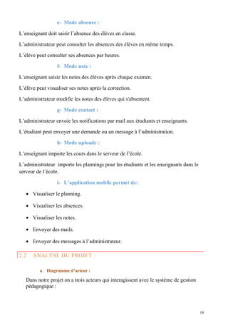 e- Mode absence :
L’enseignant doit saisir l’absence des élèves en classe.
L’administrateur peut consulter les absences des élèves en même temps.
L’élève peut consulter ses absences par heures.
f- Mode note :
L’enseignant saisie les notes des élèves après chaque examen.
L’élève peut visualiser ses notes après la correction.
L’administrateur modifie les notes des élèves qui s'absentent.
g- Mode contact :
L’administrateur envoie les notifications par mail aux étudiants et enseignants.
L’étudiant peut envoyer une demande ou un message à l’administration.
h- Mode uploade :
L’enseignant importe les cours dans le serveur de l’école.
L’administrateur importe les plannings pour les étudiants et les enseignants dans le
serveur de l’école.
i- L’application mobile permet de:
• Visualiser le planning.
• Visualiser les absences.
• Visualiser les notes.
• Envoyer des mails.
• Envoyer des messages à l’administrateur.
2.2 ANALYSE DU PROJET :
a. Diagramme d’acteur :
Dans notre projet on a trois acteurs qui interagissent avec le système de gestion
pédagogique :
10
 