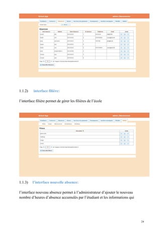 1.1.2) interface filière:
l’interface filière permet de gérer les filières de l’école
1.1.3) l’interface nouvelle absence:
l’interface nouveau absence permet à l’administrateur d’ajouter le nouveau
nombre d’heures d’absence accumulés par l’étudiant et les informations qui
24
 