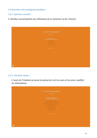 1.2 Interface web enseignant-étudiant :
1.2.1 interface accueil :
L’interface accueil permet aux utilisateurs de se connecter ou de s’inscrire
1.2.2 interface menu :
L’accès de l’étudiant au menu lui permet de voir les cours et les notes, modifier
ses informations.
34
 