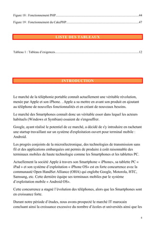 Figure 18 : Fonctionnement PHP.......................................................................................................44
Figure 19 : Fonctionnement du CakePHP..........................................................................................47
LISTE DES TABLEAUX
Tableau 1 : Tableau d’exigences........................................................................................................12
INTRODUCTION
Le marché de la téléphonie portable connaît actuellement une véritable révolution,
menée par Apple et son iPhone. . Apple a su mettre en avant son produit en ajoutant
au téléphone de nouvelles fonctionnalités et en créant de nouveaux besoins.
Le marché des Smartphones connaît donc un véritable essor dans lequel les acteurs
habituels (Windows et Symbian) essaient de s'engouffrer.
Google, ayant réalisé le potentiel de ce marché, a décidé de s'y introduire en rachetant
une startup travaillant sur un système d'exploitation ouvert pour terminal mobile :
Android.
Les progrès conjoints de la microélectronique, des technologies de transmission sans
fil et des applications embarquées ont permis de produire à coût raisonnable des
terminaux mobiles de haute technologie comme les Smartphones et les tablettes PC.
Actuellement la société Apple à travers son Smartphone « iPhone», sa tablette PC «
iPad » et son système d’exploitation « iPhone OS» est en forte concurrence avec la
communauté Open HandSet Alliance (OHA) qui englobe Google, Motorola, HTC,
Samsung, etc. Cette dernière équipe ses terminaux mobiles par le système
d’exploitation mobile « Android OS».
Cette concurrence a stagné l’évolution des téléphones, alors que les Smartphones sont
en croissance forte.
Durant notre période d’études, nous avons prospecté le marché IT marocain
concluant ainsi la croissance excessive du nombre d’écoles et universités ainsi que les
4
 