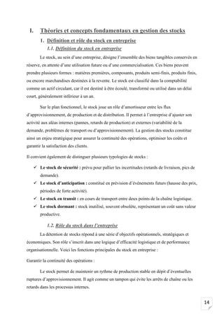 14
I. Théories et concepts fondamentaux en gestion des stocks
1. Définition et rôle du stock en entreprise
1.1. Définition du stock en entreprise
Le stock, au sein d’une entreprise, désigne l’ensemble des biens tangibles conservés en
réserve, en attente d’une utilisation future ou d’une commercialisation. Ces biens peuvent
prendre plusieurs formes : matières premières, composants, produits semi-finis, produits finis,
ou encore marchandises destinées à la revente. Le stock est classifié dans la comptabilité
comme un actif circulant, car il est destiné à être écoulé, transformé ou utilisé dans un délai
court, généralement inférieur à un an.
Sur le plan fonctionnel, le stock joue un rôle d’amortisseur entre les flux
d’approvisionnement, de production et de distribution. Il permet à l’entreprise d’ajuster son
activité aux aléas internes (pannes, retards de production) et externes (variabilité de la
demande, problèmes de transport ou d’approvisionnement). La gestion des stocks constitue
ainsi un enjeu stratégique pour assurer la continuité des opérations, optimiser les coûts et
garantir la satisfaction des clients.
Il convient également de distinguer plusieurs typologies de stocks :
✓ Le stock de sécurité : prévu pour pallier les incertitudes (retards de livraison, pics de
demande).
✓ Le stock d’anticipation : constitué en prévision d’événements futurs (hausse des prix,
périodes de forte activité).
✓ Le stock en transit : en cours de transport entre deux points de la chaîne logistique.
✓ Le stock dormant : stock inutilisé, souvent obsolète, représentant un coût sans valeur
productive.
1.2. Rôle du stock dans l’entreprise
La détention de stocks répond à une série d’objectifs opérationnels, stratégiques et
économiques. Son rôle s’inscrit dans une logique d’efficacité logistique et de performance
organisationnelle. Voici les fonctions principales du stock en entreprise :
Garantir la continuité des opérations :
Le stock permet de maintenir un rythme de production stable en dépit d’éventuelles
ruptures d’approvisionnement. Il agit comme un tampon qui évite les arrêts de chaîne ou les
retards dans les processus internes.
 
