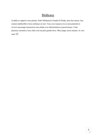 2
Dédicace
Je dédie ce rapport à mes parents, Nokri Mohamed et Saadia El Hindy, pour leur amour, leur
soutien indéfectible et leur confiance en moi. Vous avez toujours cru en mon potentiel et
m’avez encouragé à poursuivre mes études avec détermination et persévérance. Votre
présence constante à mes côtés a été ma plus grande force. Merci papa, merci maman. Je vous
aime .
 