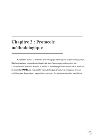 26
Chapitre 2 : Protocole
méthodologique
Ce chapitre expose la démarche méthodologique adoptée pour la réalisation du projet.
Il présente dans un premier temps le cadre du stage, les missions confiées ainsi que
l’environnement de travail. Ensuite, il détaille la méthodologie de recherche suivie, basée sur
la démarche DMAIC, en précisant les outils, techniques d’analyse et sources de données
mobilisés pour diagnostiquer les problèmes, proposer des solutions et évaluer les résultats.
 