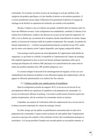 49
commandes. En revanche, les autres niveaux de rayonnage ne sont pas attribués à des
catégories de produits spécifiques, ni à des familles d’articles ou de matières premières. Il
n’existe actuellement aucune règle d’affectation fixe permettant d’optimiser la logique de
stockage ou de faciliter les opérations de recherche, de contrôle et de traçabilité.
De plus, l’analyse a mis en évidence une grande variabilité dans les hauteurs entre les
lisses des différents niveaux. Cette configuration non standardisée, combinée à l’absence d’un
schéma fixe d’affectation, conduit à une décision au cas par cas de la part du magasinier. En
effet, c’est ce dernier qui, au moment de la réception, décide manuellement où stocker chaque
palette, en fonction de la hauteur réelle de la palette réceptionnée. Par exemple, les palettes de
hauteur importante (ex. : 2 mètres) sont généralement placées au dernier niveau (N3), tandis
que les autres sont réparties selon l’espace disponible, sans logique catégorielle définie.
Cette pratique rend la gestion du stock dépendante de l’appréciation individuelle du
magasinier, ce qui limite la visibilité, la traçabilité et l’optimisation de l’espace de stockage.
Elle empêche également la mise en œuvre de bonnes pratiques logistiques telles que le
stockage par fréquence de rotation (ABC physique) ou la spécialisation des zones selon la
nature des produits (produits finis, MP, produits dangereux, etc.).
Ce constat souligne la nécessité d’un réaménagement du magasin, en lien avec une
standardisation des hauteurs de palettes et une affectation logique des emplacements, afin de
gagner en efficacité opérationnelle et en maîtrise des flux internes.
1.3. Volumes perdus aux emplacements d’expéditions
Dans la configuration actuelle du magasin ACI3, le niveau au sol (niveau 0) est
principalement affecté aux opérations d’expédition et de préparation de commandes. Ce
niveau est utilisé pour effectuer le picking, c’est-à-dire le prélèvement d’articles à partir des
palettes réceptionnées, afin de constituer les commandes clients ou internes.
Cependant, une analyse de l’utilisation réelle des emplacements de ce niveau met en
évidence une perte importante de volume de stockage vertical.
En effet, lorsque qu’une palette est partiellement consommée dans le cadre de la
préparation des commandes, l’espace restant au-dessus de cette palette dans l’emplacement
concerné ne peut pas être exploité. Cette contrainte est liée à des considérations pratiques et
sécuritaires : il n’est pas possible d’empiler une seconde palette sur une palette entamée, ni
 