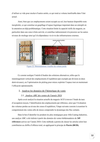 50
d’utiliser ce vide pour stocker d’autres unités, ce qui rend ce volume inutilisable dans l’état
actuel.
Ainsi, bien que ces emplacements soient occupés au sol, leur hauteur disponible reste
inexploitée, ce qui constitue un gaspillage d’espace logistique important dans un entrepôt où
la saturation est déjà problématique. Cette situation limite la capacité réelle du magasin, en
particulier dans une zone à forte activité, et contribue indirectement à la pression sur les autres
niveaux de stockage ainsi qu’à la dépendance vis-à-vis des infrastructures externes.

Ce constat souligne l’intérêt d’étudier des solutions alternatives, telles que le
réaménagement vertical des emplacements d’expédition (par exemple par division en deux
demi-niveaux), ou l’optimisation du picking pour mieux exploiter l’espace tout en maintenant
l’efficacité opérationnelle.
2. Analyse les données de l’historique de vente
2.1. Analyse ABC des ventes de l’année 2024
Après avoir analysé la situation actuelle du magasin ACI3 à travers l’étude du taux
d’occupation moyen, l’identification des emplacements par référence, ainsi que l’évaluation
des volumes perdus au niveau des zones d’expédition, l’étape suivante consiste à examiner le
comportement des ventes afin de mieux comprendre la dynamique des flux sortants.
Dans le but d’identifier les produits les plus stratégiques pour Alfa Coating Industries,
une analyse ABC a été réalisée à partir des données de ventes hebdomadaires de 349
références actives sur l’année 2024. Cette méthode a permis de classer les articles selon leur
contribution au chiffre d’affaires total, en appliquant le principe de Pareto (80/20).
Figure 22: Démonstrations visuelles du volume perdu
 