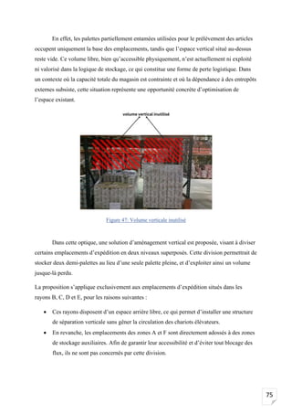 75
En effet, les palettes partiellement entamées utilisées pour le prélèvement des articles
occupent uniquement la base des emplacements, tandis que l’espace vertical situé au-dessus
reste vide. Ce volume libre, bien qu’accessible physiquement, n’est actuellement ni exploité
ni valorisé dans la logique de stockage, ce qui constitue une forme de perte logistique. Dans
un contexte où la capacité totale du magasin est contrainte et où la dépendance à des entrepôts
externes subsiste, cette situation représente une opportunité concrète d’optimisation de
l’espace existant.
Figure 47: Volume verticale inutilisé
Dans cette optique, une solution d’aménagement vertical est proposée, visant à diviser
certains emplacements d’expédition en deux niveaux superposés. Cette division permettrait de
stocker deux demi-palettes au lieu d’une seule palette pleine, et d’exploiter ainsi un volume
jusque-là perdu.
La proposition s’applique exclusivement aux emplacements d’expédition situés dans les
rayons B, C, D et E, pour les raisons suivantes :
• Ces rayons disposent d’un espace arrière libre, ce qui permet d’installer une structure
de séparation verticale sans gêner la circulation des chariots élévateurs.
• En revanche, les emplacements des zones A et F sont directement adossés à des zones
de stockage auxiliaires. Afin de garantir leur accessibilité et d’éviter tout blocage des
flux, ils ne sont pas concernés par cette division.
 
