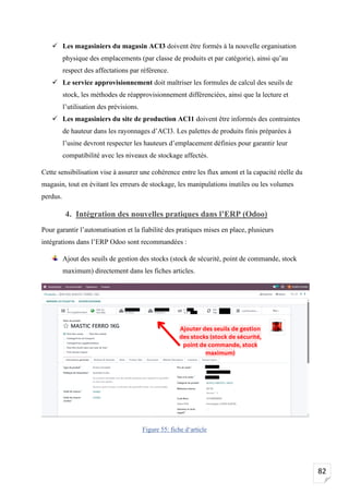 82
✓ Les magasiniers du magasin ACI3 doivent être formés à la nouvelle organisation
physique des emplacements (par classe de produits et par catégorie), ainsi qu’au
respect des affectations par référence.
✓ Le service approvisionnement doit maîtriser les formules de calcul des seuils de
stock, les méthodes de réapprovisionnement différenciées, ainsi que la lecture et
l’utilisation des prévisions.
✓ Les magasiniers du site de production ACI1 doivent être informés des contraintes
de hauteur dans les rayonnages d’ACI3. Les palettes de produits finis préparées à
l’usine devront respecter les hauteurs d’emplacement définies pour garantir leur
compatibilité avec les niveaux de stockage affectés.
Cette sensibilisation vise à assurer une cohérence entre les flux amont et la capacité réelle du
magasin, tout en évitant les erreurs de stockage, les manipulations inutiles ou les volumes
perdus.
4. Intégration des nouvelles pratiques dans l’ERP (Odoo)
Pour garantir l’automatisation et la fiabilité des pratiques mises en place, plusieurs
intégrations dans l’ERP Odoo sont recommandées :
Ajout des seuils de gestion des stocks (stock de sécurité, point de commande, stock
maximum) directement dans les fiches articles.
Figure 55: fiche d‘article
 