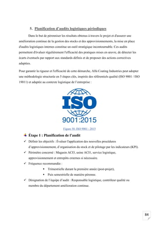 84
5. Planification d’audits logistiques périodiques
Dans le but de pérenniser les résultats obtenus à travers le projet et d'assurer une
amélioration continue de la gestion des stocks et des approvisionnements, la mise en place
d'audits logistiques internes constitue un outil stratégique incontournable. Ces audits
permettent d'évaluer régulièrement l'efficacité des pratiques mises en œuvre, de détecter les
écarts éventuels par rapport aux standards définis et de proposer des actions correctives
adaptées.
Pour garantir la rigueur et l'efficacité de cette démarche, Alfa Coating Industries peut adopter
une méthodologie structurée en 5 étapes clés, inspirée des référentiels qualité (ISO 9001 / ISO
19011) et adaptée au contexte logistique de l’entreprise :
Figure 58: ISO 9001 : 2015
Étape 1 : Planification de l’audit
✓ Définir les objectifs : Évaluer l'application des nouvelles procédures
d’approvisionnement, d’organisation du stock et de pilotage par les indicateurs (KPI).
✓ Périmètre concerné : Magasin ACI3, usine ACI1, service logistique,
approvisionnement et entrepôts externes si nécessaire.
✓ Fréquence recommandée :
▪ Trimestrielle durant la première année (post-projet),
▪ Puis semestrielle de manière pérenne.
✓ Désignation de l’équipe d’audit : Responsable logistique, contrôleur qualité ou
membre du département amélioration continue.
 