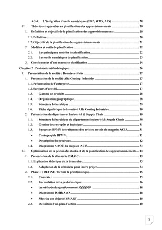 9
4.3.4. L’intégration d’outils numériques (ERP, WMS, APS) .................................... 20
II. Théories et approches en planification des approvisionnements................................. 20
1. Définition et objectifs de la planification des approvisionnements .............................. 20
1.1. Définition........................................................................................................................... 20
1.2. Objectifs de la planification des approvisionnements................................................... 21
2. Modèles et outils de planification................................................................................ 22
2.1. Les principaux modèles de planification................................................................. 22
2.2. Les outils numériques de planification.................................................................... 23
3. Conséquences d’une mauvaise planification ............................................................... 24
Chapitre 2 : Protocole méthodologique............................................................................................. 26
I. Présentation de la société : Données et faits.................................................................... 27
1. Présentation de la société Alfa Coating Industries...................................................... 27
1.1. Présentation de l’entreprise............................................................................................. 27
1.2. Secteurs d’activité............................................................................................................. 27
1.3. Gamme de produits................................................................................................... 28
1.4. Organisation géographique ...................................................................................... 28
1.5. Structure hiérarchique ............................................................................................. 29
1.6. Fiche signalétique de la société Alfa Coating Industries........................................ 30
2. Présentation du département Industriel & Supply Chain........................................... 30
1.1. Structure hiérarchique du département industriel & Supply Chain ................... 30
1.2. Gestion des entrepôts et logistique........................................................................... 31
1.3. Processus BPMN de traitement des articles au sein du magasin ACI3................ 31
• Cartographie BPMN......................................................................................... 31
• Description du processus................................................................................... 32
1.4. Diagramme SIPOC du magasin ACI3..................................................................... 33
II. Optimisation de la gestion des stocks et de la planification des approvisionnements... 33
1. Présentation de la démarche DMAIC......................................................................... 33
1.1. Explication théorique de la démarche ............................................................................ 33
1.2. Adaptation de la démarche pour notre projet........................................................ 34
2. Phase 1 : DEFINE / Définir la problématique............................................................. 35
2.1. Contexte : ................................................................................................................... 35
2.2. Formulation de la problématique ............................................................................ 36
• La méthode du questionnement QQQOCP : ........................................................ 36
• Diagramme ISHIKAWA................................................................................... 38
• Matrice des objectifs SMART ........................................................................... 39
2.3. Définition d’un plan d’action ................................................................................... 40
 