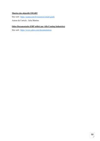 90
Matrice des objectifs SMART
Site web : https://asana.com/fr/resources/smart-goals
Auteur de l’article : Julia Martins
Odoo Documentatio (ERP utilisé par Alfa Coating Industries)
Site web : https://www.odoo.com/documentation
 