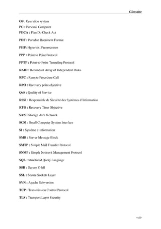 Glossaire
-xii-
OS : Operation system
PC : Personal Computer
PDCA : Plan Do Check Act
PDF : Portable Document Format
PHP: Hypertext Preprocessor
PPP : Point to Point Protocol
PPTP : Point-to-Point Tunneling Protocol
RAID : Redundant Array of Independent Disks
RPC : Remote Procedure Call
RPO : Recovery point objective
QoS : Quality of Service
RSSI : Responsable de Sécurité des Systèmes d’Information
RTO : Recovery Time Objective
SAN : Storage Area Network
SCSI : Small Computer System Interface
SI : Système d’Information
SMB : Server Message Block
SMTP : Simple Mail Transfer Protocol
SNMP : Simple Network Management Protocol
SQL : Structured Query Language
SSH : Secure SHell
SSL : Secure Sockets Layer
SVN : Apache Subversion
TCP : Transmission Control Protocol
TLS : Transport Layer Security
 