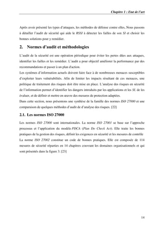 Chapitre 1 : Etat de l’art
14
Après avoir présenté les types d’attaques, les méthodes de défense contre elles, Nous passons
à détailler l’audit de sécurité qui aide le RSSI à détecter les failles de son SI et choisir les
bonnes solutions pour y remédier.
2. Normes d’audit et méthodologies
L’audit de la sécurité est une opération périodique pour éviter les pertes dûes aux attaques,
identifier les failles et les remédier. L’audit a pour objectif améliorer la performance par des
recommandations et passer à un plan d'action.
Les systèmes d’information actuels doivent faire face à de nombreuses menaces susceptibles
d’exploiter leurs vulnérabilités. Afin de limiter les impacts résultant de ces menaces, une
politique de traitement des risques doit être mise en place. L’analyse des risques en sécurité
de l’information permet d’identifier les dangers introduits par les applications et les SI, de les
évaluer, et de définir et mettre en œuvre des mesures de protection adaptées.
Dans cette section, nous présentons une synthèse de la famille des normes ISO 27000 et une
comparaison de quelques méthodes d’audit de d’analyse des risques. [22]
2.1. Les normes ISO 27000
Les normes ISO 27000 sont internationales. La norme ISO 27001 se base sur l’approche
processus et l’application du modèle PDCA (Plan Do Check Act). Elle traite les bonnes
pratiques de la gestion des risques, définit les exigences en sécurité et les mesures de contrôle
La norme ISO 27002 constitue un code de bonnes pratiques. Elle est composée de 114
mesures de sécurité réparties en 14 chapitres couvrant les domaines organisationnels et qui
sont présentés dans la figure 3. [23]
 