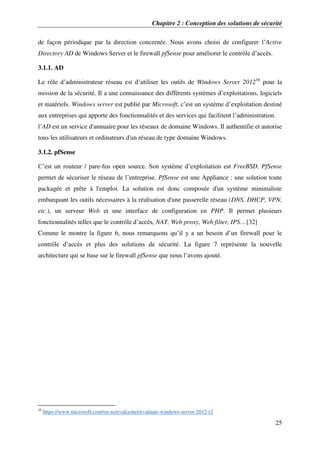 Chapitre 2 : Conception des solutions de sécurité
25
de façon périodique par la direction concernée. Nous avons choisi de configurer l’Active
Directory AD de Windows Server et le firewall pfSense pour améliorer le contrôle d’accès.
3.1.1. AD
Le rôle d’administrateur réseau est d’utiliser les outils de Windows Server 201216
pour la
mission de la sécurité. Il a une connaissance des différents systèmes d’exploitations, logiciels
et matériels. Windows server est publié par Microsoft, c’est un système d’exploitation destiné
aux entreprises qui apporte des fonctionnalités et des services qui facilitent l’administration.
l’AD est un service d'annuaire pour les réseaux de domaine Windows. Il authentifie et autorise
tous les utilisateurs et ordinateurs d'un réseau de type domaine Windows.
3.1.2. pfSense
C’est un routeur / pare-feu open source. Son système d’exploitation est FreeBSD. PfSense
permet de sécuriser le réseau de l’entreprise. PfSense est une Appliance : une solution toute
packagée et prête à l'emploi. La solution est donc composée d'un système minimaliste
embarquant les outils nécessaires à la réalisation d'une passerelle réseau (DNS, DHCP, VPN,
etc.), un serveur Web et une interface de configuration en PHP. Il permet plusieurs
fonctionnalités telles que le contrôle d’accès, NAT, Web proxy, Web filter, IPS…[32]
Comme le montre la figure 6, nous remarquons qu’il y a un besoin d’un firewall pour le
contrôle d’accès et plus des solutions de sécurité. La figure 7 représente la nouvelle
architecture qui se base sur le firewall pfSense que nous l’avons ajouté.
16
https://www.microsoft.com/en-us/evalcenter/evaluate-windows-server-2012-r2
 