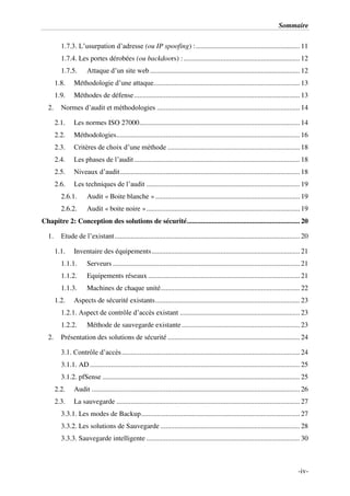 Sommaire
-iv-
1.7.3. L’usurpation d’adresse (ou IP spoofing) :........................................................... 11
1.7.4. Les portes dérobées (ou backdoors) :.................................................................. 12
1.7.5. Attaque d’un site web..................................................................................... 12
1.8. Méthodologie d’une attaque................................................................................... 13
1.9. Méthodes de défense.............................................................................................. 13
2. Normes d’audit et méthodologies ................................................................................. 14
2.1. Les normes ISO 27000........................................................................................... 14
2.2. Méthodologies........................................................................................................ 16
2.3. Critères de choix d’une méthode ........................................................................... 18
2.4. Les phases de l’audit.............................................................................................. 18
2.5. Niveaux d’audit...................................................................................................... 18
2.6. Les techniques de l’audit ....................................................................................... 19
2.6.1. Audit « Boite blanche ».................................................................................. 19
2.6.2. Audit « boite noire »....................................................................................... 19
Chapitre 2: Conception des solutions de sécurité................................................................ 20
1. Etude de l’existant......................................................................................................... 20
1.1. Inventaire des équipements.................................................................................... 21
1.1.1. Serveurs .......................................................................................................... 21
1.1.2. Equipements réseaux ...................................................................................... 21
1.1.3. Machines de chaque unité............................................................................... 22
1.2. Aspects de sécurité existants.................................................................................. 23
1.2.1. Aspect de contrôle d’accès existant .................................................................... 23
1.2.2. Méthode de sauvegarde existante................................................................... 23
2. Présentation des solutions de sécurité ........................................................................... 24
3.1. Contrôle d’accès..................................................................................................... 24
3.1.1. AD ....................................................................................................................... 25
3.1.2. pfSense ................................................................................................................ 25
2.2. Audit ...................................................................................................................... 26
2.3. La sauvegarde ........................................................................................................ 27
3.3.1. Les modes de Backup.......................................................................................... 27
3.3.2. Les solutions de Sauvegarde ............................................................................... 28
3.3.3. Sauvegarde intelligente ....................................................................................... 30
 