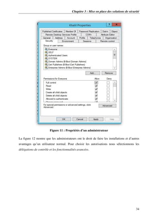 Chapitre 3 : Mise en place des solutions de sécurité
34
Figure 11 : Propriétés d’un administrateur
La figure 12 montre que les administrateurs ont le droit de faire les installations et d’autres
avantages qu’un utilisateur normal. Pour choisir les autorisations nous sélectionnons les
délégations de contrôle et les fonctionnalités avancées.
 