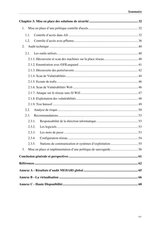 Sommaire
-v-
Chapitre 3: Mise en place des solutions de sécurité ............................................................ 32
1. Mise en place d’une politique contrôle d'accès............................................................. 32
1.1. Contrôle d’accès dans AD...................................................................................... 32
1.2. Contrôle d’accès avec pfSense............................................................................... 36
2. Audit technique ............................................................................................................. 40
2.1. Les outils utilisés.................................................................................................... 40
2.1.1. Découverte et scan des machines sur la place réseau.......................................... 40
2.1.2. Enumération avec GFILanguard ......................................................................... 41
2.1.3. Découverte des ports/ouverts .............................................................................. 42
2.1.4. Scan de Vulnérabilités......................................................................................... 44
2.1.5. Ecoute de trafic.................................................................................................... 46
2.1.6. Scan de Vulnérabilités Web ................................................................................ 46
2.1.7. Attaque sur le réseau sans fil Wifi ...................................................................... 47
2.1.8. Exploitation des vulnérabilités............................................................................ 48
2.1.9. Test Intrusif ......................................................................................................... 49
2.2. Analyse de risque................................................................................................... 50
2.3. Recommandations.................................................................................................. 53
2.3.1. Responsabilité de la direction informatique ................................................... 53
2.3.2. Les logiciels.................................................................................................... 53
2.3.3. Les mots de passe ........................................................................................... 53
2.3.4. Configuration réseau....................................................................................... 54
2.3.5. Stations de communication et systèmes d’exploitation.................................. 55
3. Mise en place et implémentation d’une politique de sauvegarde.................................. 56
Conclusion générale et perspectives ..................................................................................... 61
Références ............................................................................................................................... 62
Annexe A - Résultats d’audit MEHARI global ................................................................... 65
Annexe B - La virtualisation ................................................................................................. 66
Annexe C - Haute Disponibilité............................................................................................. 68
 