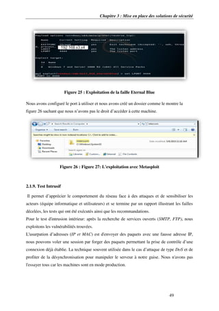 Chapitre 3 : Mise en place des solutions de sécurité
49
Figure 25 : Exploitation de la faille Eternal Blue
Nous avons configuré le port à utiliser et nous avons créé un dossier comme le montre la
figure 26 sachant que nous n’avons pas le droit d’accéder à cette machine.
Figure 26 : Figure 27: L'exploitation avec Metasploit
2.1.9. Test Intrusif
Il permet d’apprécier le comportement du réseau face à des attaques et de sensibiliser les
acteurs (équipe informatique et utilisateurs) et se termine par un rapport illustrant les failles
décelées, les tests qui ont été exécutés ainsi que les recommandations.
Pour le test d'intrusion intérieur: après la recherche de services ouverts (SMTP, FTP), nous
exploitons les vulnérabilités trouvées.
L'usurpation d’adresses (IP et MAC) est d'envoyer des paquets avec une fausse adresse IP,
nous pouvons voler une session par forger des paquets permettant la prise de contrôle d’une
connexion déjà établie. La technique souvent utilisée dans le cas d’attaque de type DoS et de
profiter de la désynchronisation pour manipuler le serveur à notre guise. Nous n'avons pas
l'essayer tous car les machines sont en mode production.
 