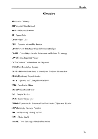 Glossaire
-ix-
Glossaire
AD : Active Directory
AFP : Apple Filling Protocol
AH : Authentication Header
AP : Access Point
CD : Compact Disc
CIFS : Common Internet File System
CLUSIF : Club de la Sécurité de l'Information Français
COBIT : Control Objectives for Information and Related Technology
CSV : Comma-Separated Values
CVE : Common Vulnerabilities and Exposures
DAS : Directly Attached Storage
DCSSI : Direction Centrale de la Sécurité des Systèmes d'Information
DDoS : Distributed Deny of Service
DHCP : Dynamic Host Configuration Protocol
DMZ : Demilitarized Zone
DNS : Domain Name Server
DoS : Deny of Service
DVD : Digital Optical Disc
EBIOS : Expression des Besoins et Identification des Objectifs de Sécurité
ERP : Enterprise Resource Planning
ESP : Encapsulating Security Payload
ESXI : Elastic Sky X
FreeBSD : Free Berkeley Software Distribution
 