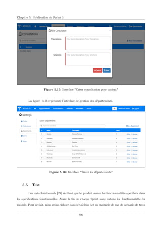 Chapitre 5. Réalisation du Sprint 3
Figure 5.15: Interface "Créer consultation pour patient"
La ﬁgure 5.16 représente l’interface de gestion des départements.
Figure 5.16: Interface "Gérer les départements"
5.5 Test
Les tests fonctionnels [29] vériﬁent que le produit assure les fonctionnalités spéciﬁées dans
les spéciﬁcations fonctionnelles. Avant la ﬁn de chaque Sprint nous testons les fonctionnalités du
module. Pour ce fait, nous avons élaboré dans le tableau 5.8 un ensemble de cas de scénario de tests
86
 